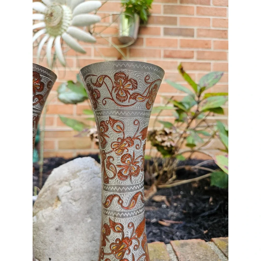 Vtg Pair of Silver-Tone Brass Trumpet Vases with Orange Floral Etchings, 9
